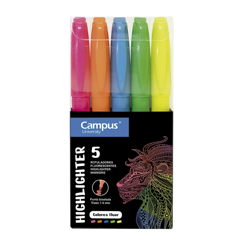 ROTULADOR FLUORESCENTE CAMPUS HIGHLIGHTER BLÍSTER 5 UNID. COLORES FLÚOR